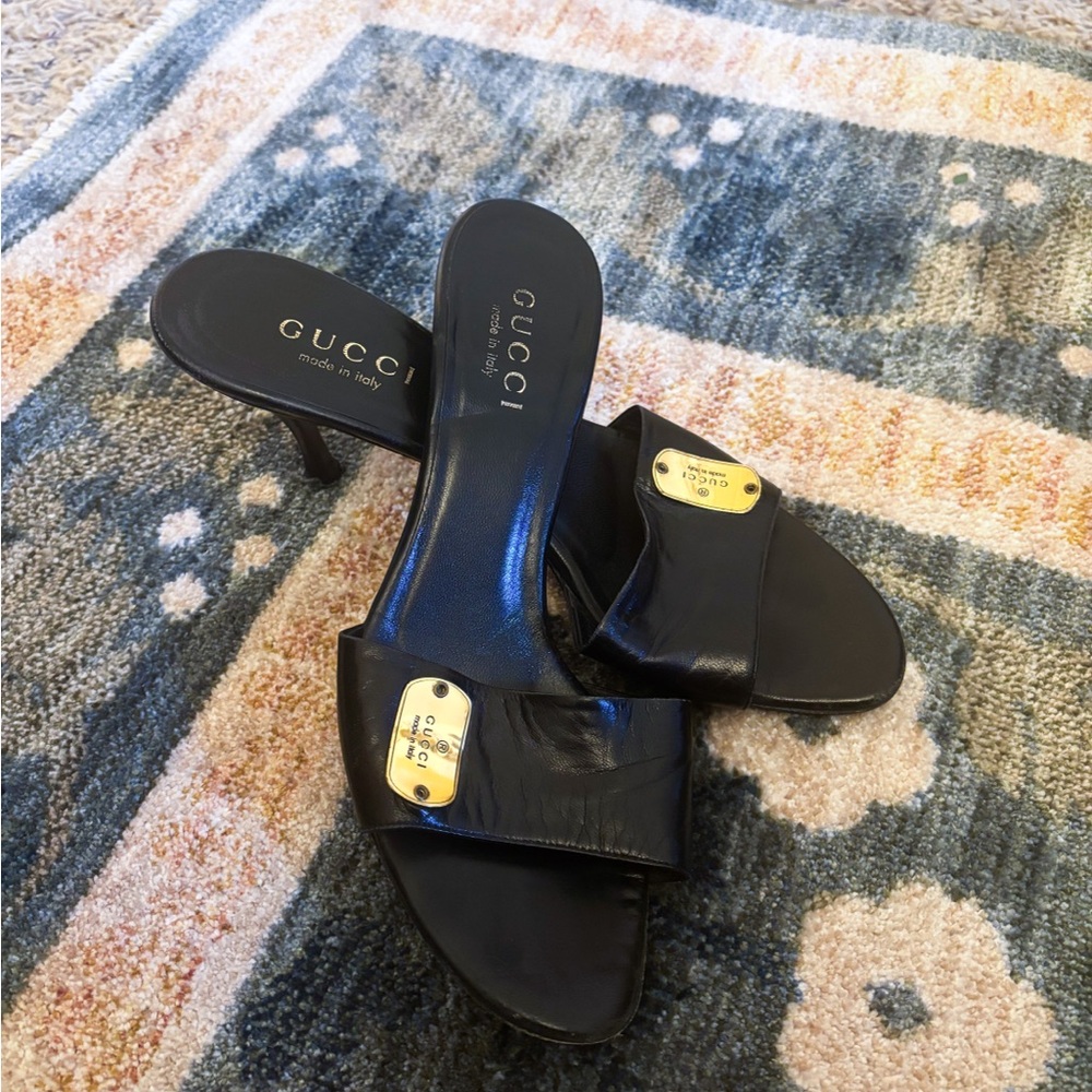 Gucci Black Leather Heeled Slides
